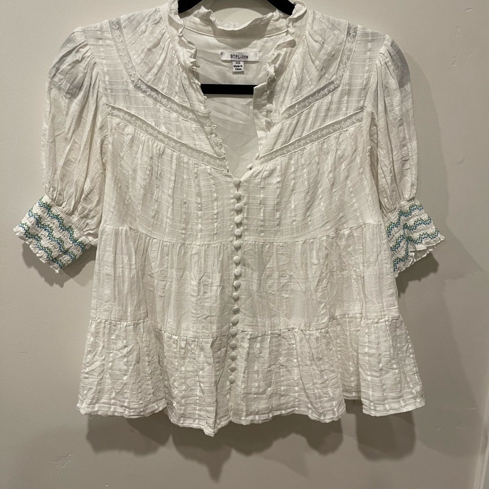 BTFL-life XS White Button-Down Women top tiered boho pintuck pleats embroidered